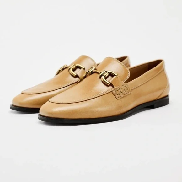 ZARA CHAIN TRIM LEATHER LOAFERS LIGHT BEIGE SZ US 10 - Picture 4 of 7